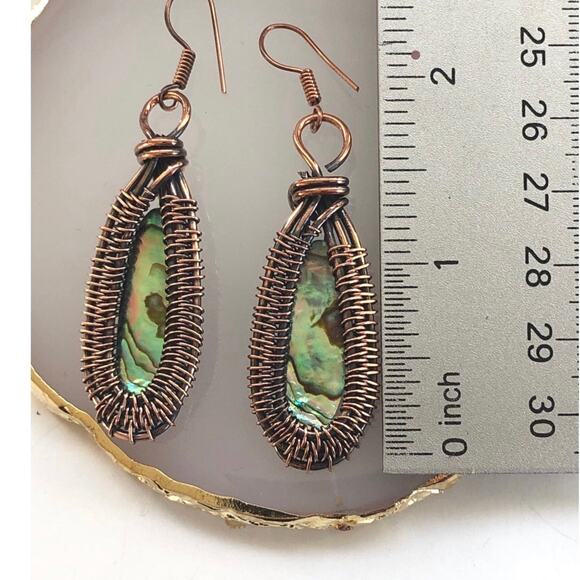 Copper Abalone Shell Copper Wire Wrap Dangle Earrings - Picture 3 of 4